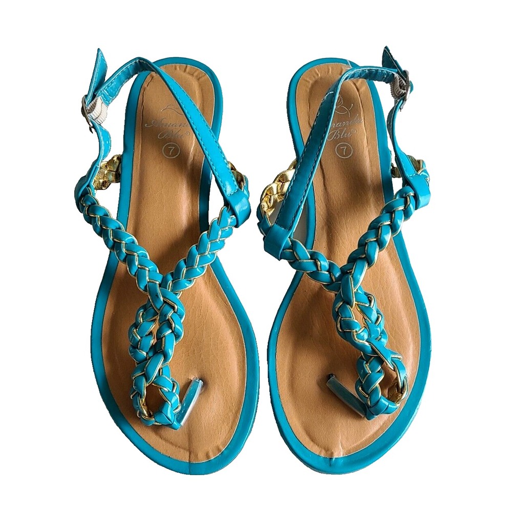 Amanda Blu Women's Sandals 7 Turquoise Gold Braid Strap Thong Toe Sling Back